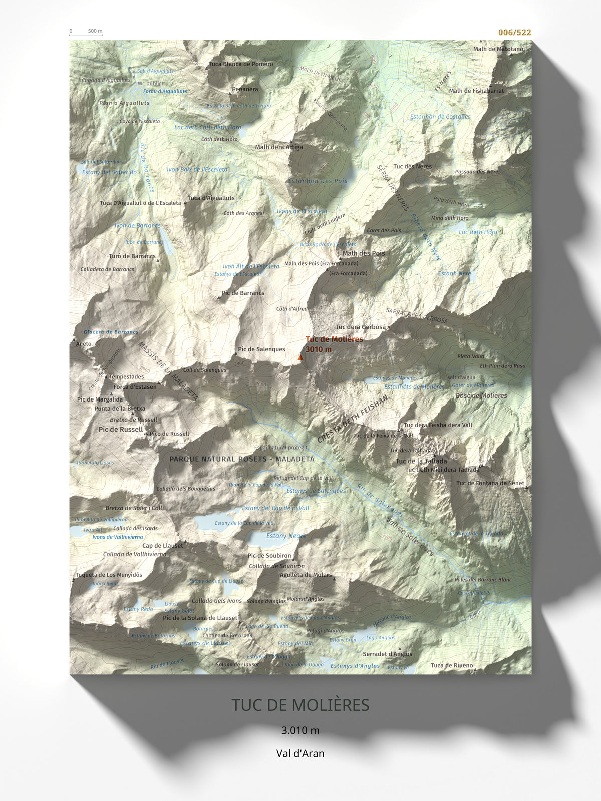 Mapa de relieve de Tuc de Molières, 3010 m, Val d'Aran, lámina 100 Cims de Trobart 30 × 40 cm.