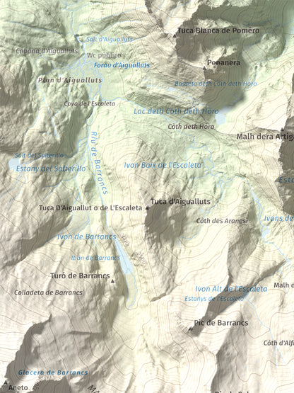 Mapa de relieve de Tuc de Molières, 3010 m, Val d'Aran, lámina 100 Cims de Trobart. Detalle de la zona superior izquierda. 30 × 40 cm.