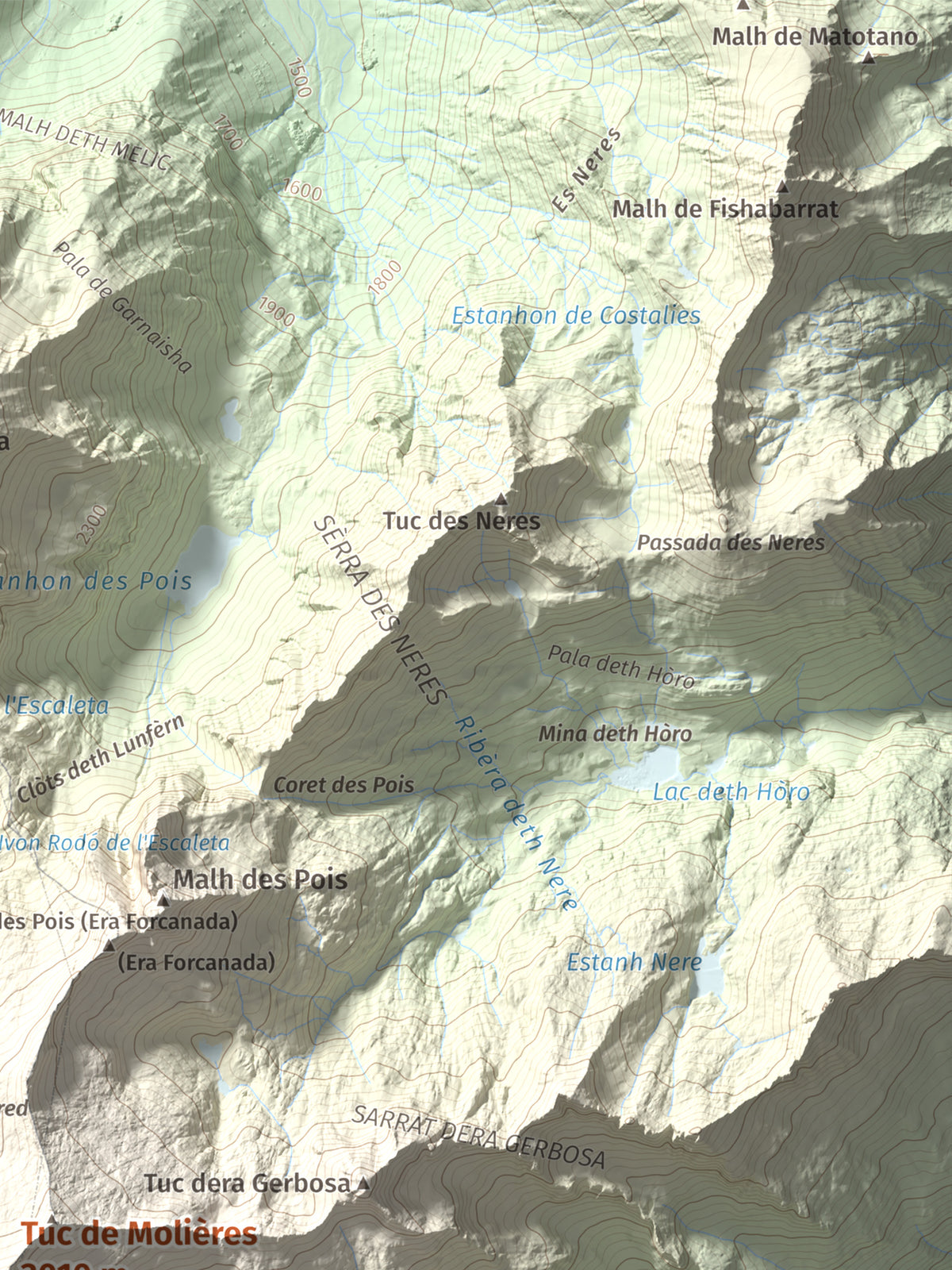 Mapa de relieve de Tuc de Molières, 3010 m, Val d'Aran, lámina 100 Cims de Trobart. Detalle de la zona superior derecha. 30 × 40 cm.