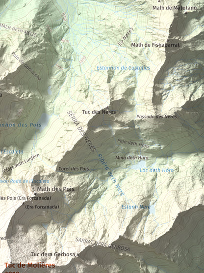 Mapa de relieve de Tuc de Molières, 3010 m, Val d'Aran, lámina 100 Cims de Trobart. Detalle de la zona superior derecha. 30 × 40 cm.