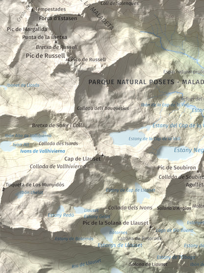 Mapa de relieve de Tuc de Molières, 3010 m, Val d'Aran, lámina 100 Cims de Trobart. Detalle de la zona inferior izquierda. 30 × 40 cm.