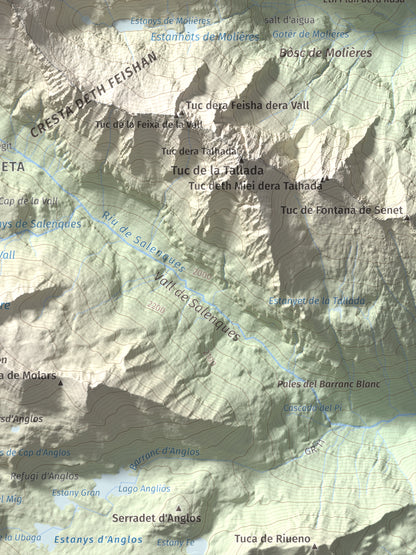 Mapa de relieve de Tuc de Molières, 3010 m, Val d'Aran, lámina 100 Cims de Trobart. Detalle de la zona inferior derecha. 30 × 40 cm.