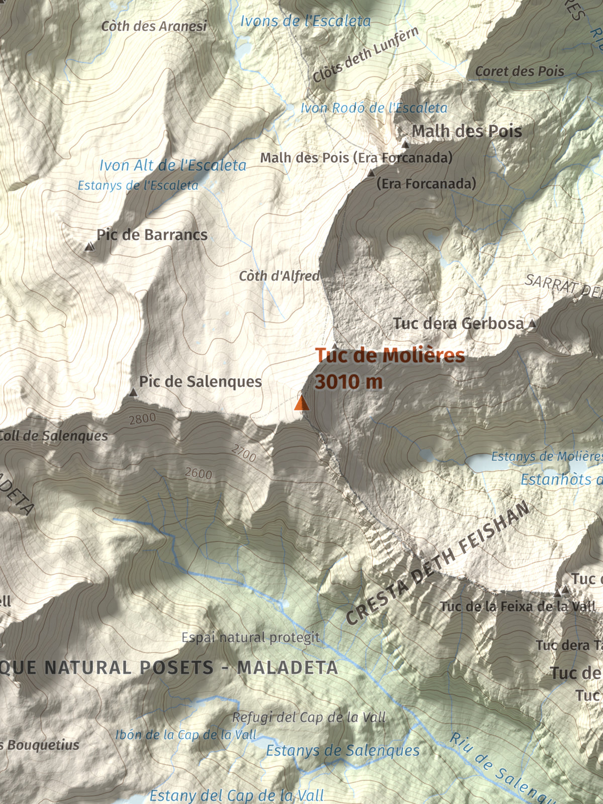 Mapa de relieve de Tuc de Molières, 3010 m, Val d'Aran, lámina 100 Cims de Trobart. Detalle de la zona central. 30 × 40 cm.