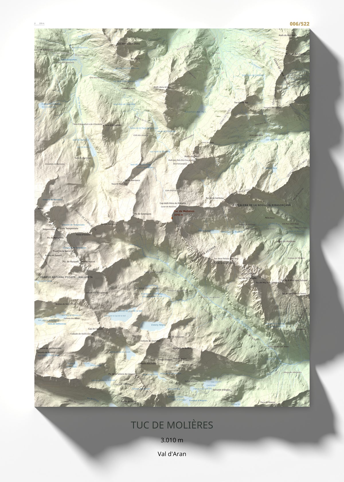 Mapa de relieve de Tuc de Molières, 3010 m, Val d'Aran, lámina 100 Cims de Trobart 50 × 70 cm.