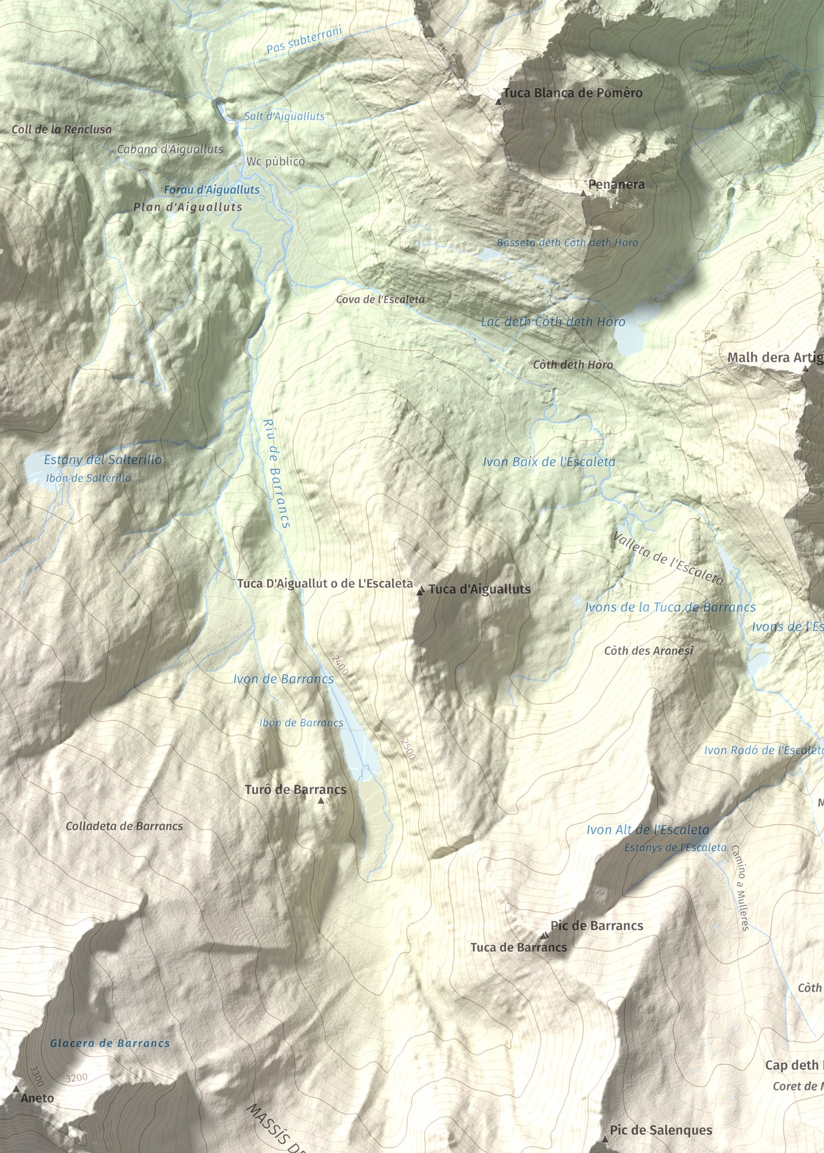 Mapa de relieve de Tuc de Molières, 3010 m, Val d'Aran, lámina 100 Cims de Trobart. Detalle de la zona superior izquierda. 50 × 70 cm.