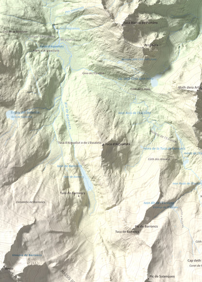 Mapa de relieve de Tuc de Molières, 3010 m, Val d'Aran, lámina 100 Cims de Trobart. Detalle de la zona superior izquierda. 50 × 70 cm.