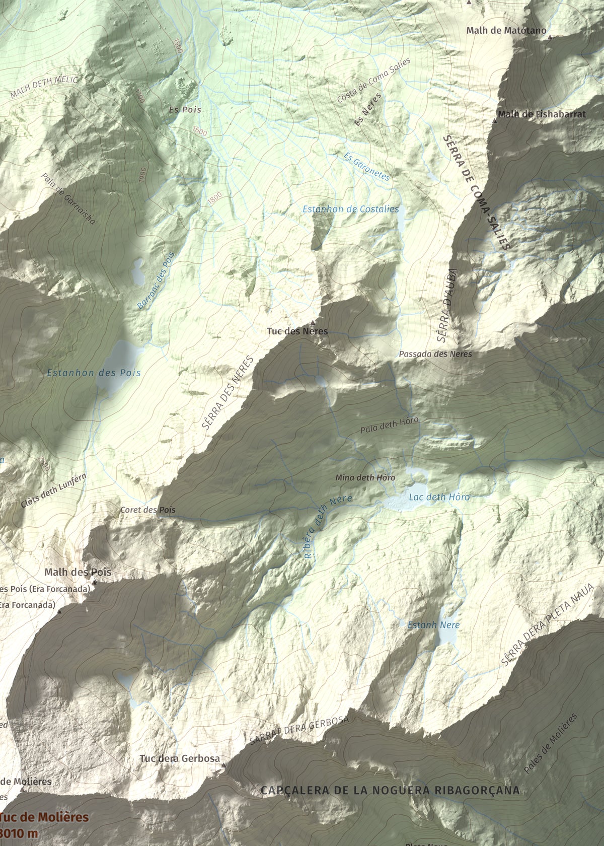 Mapa de relieve de Tuc de Molières, 3010 m, Val d'Aran, lámina 100 Cims de Trobart. Detalle de la zona superior derecha. 50 × 70 cm.
