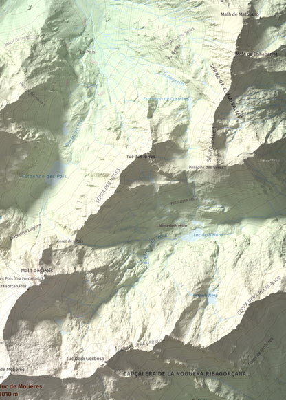 Mapa de relieve de Tuc de Molières, 3010 m, Val d'Aran, lámina 100 Cims de Trobart. Detalle de la zona superior derecha. 50 × 70 cm.