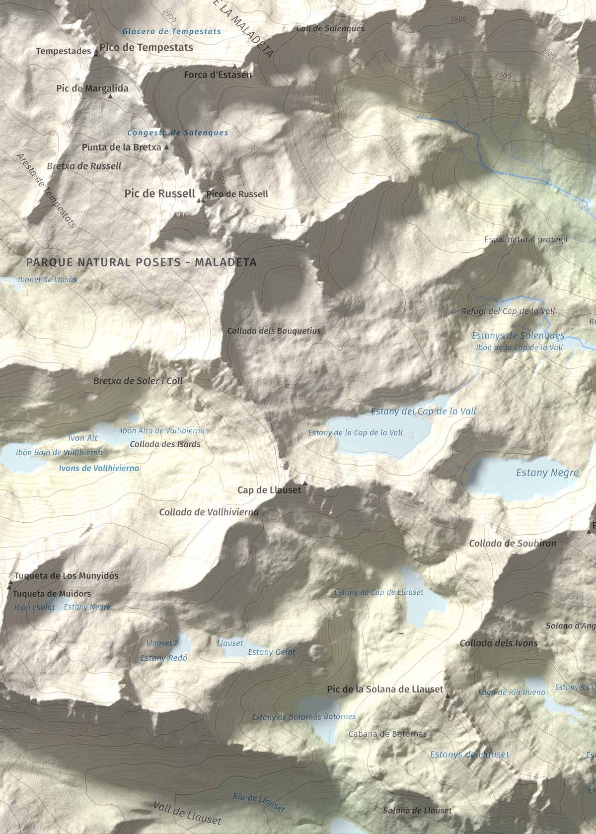Mapa de relieve de Tuc de Molières, 3010 m, Val d'Aran, lámina 100 Cims de Trobart. Detalle de la zona inferior izquierda. 50 × 70 cm.