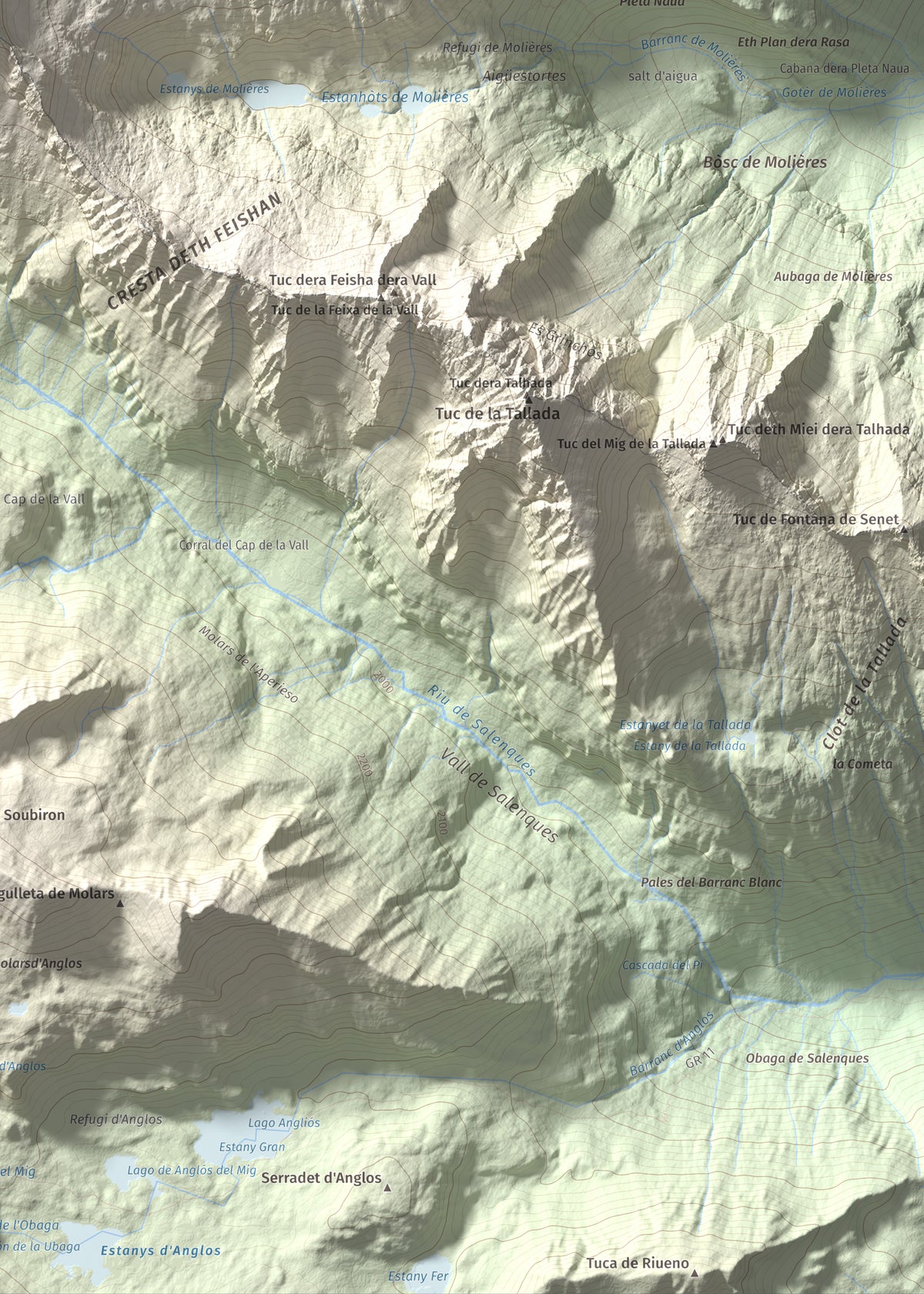 Mapa de relieve de Tuc de Molières, 3010 m, Val d'Aran, lámina 100 Cims de Trobart. Detalle de la zona inferior derecha. 50 × 70 cm.