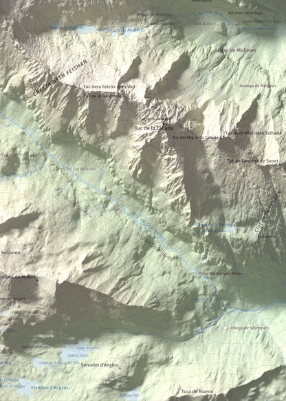 Mapa de relieve de Tuc de Molières, 3010 m, Val d'Aran, lámina 100 Cims de Trobart. Detalle de la zona inferior derecha. 50 × 70 cm.