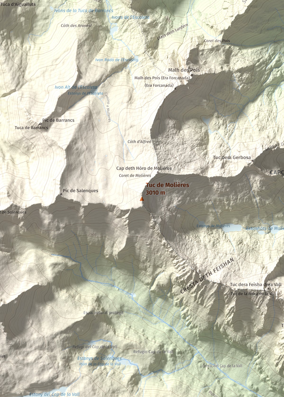Mapa de relieve de Tuc de Molières, 3010 m, Val d'Aran, lámina 100 Cims de Trobart. Detalle de la zona central. 50 × 70 cm.