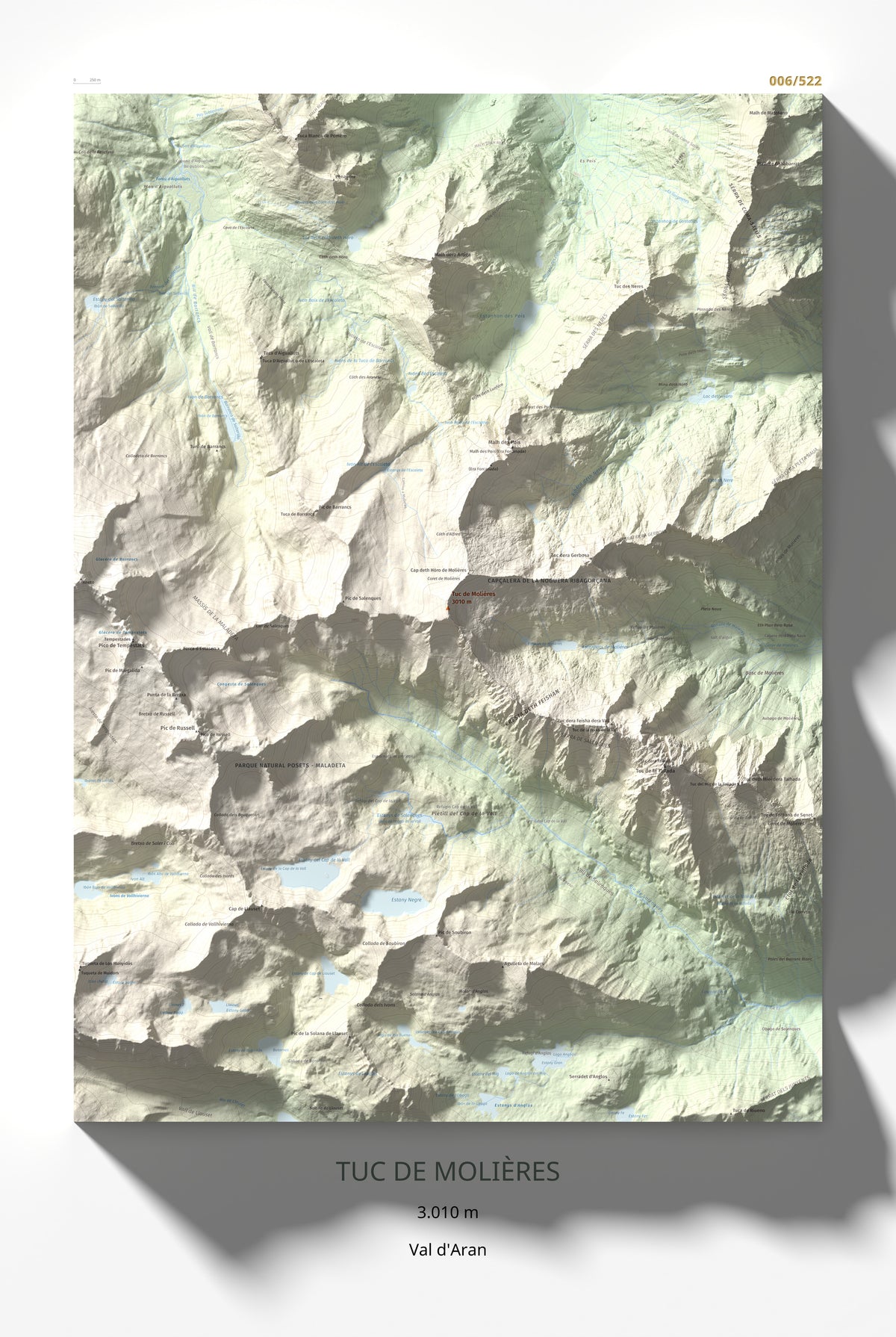 Mapa de relieve de Tuc de Molières, 3010 m, Val d'Aran, lámina 100 Cims de Trobart 61 × 91 cm.