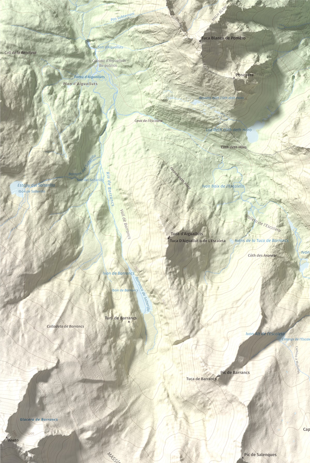 Mapa de relieve de Tuc de Molières, 3010 m, Val d'Aran, lámina 100 Cims de Trobart. Detalle de la zona superior izquierda. 61 × 91 cm.