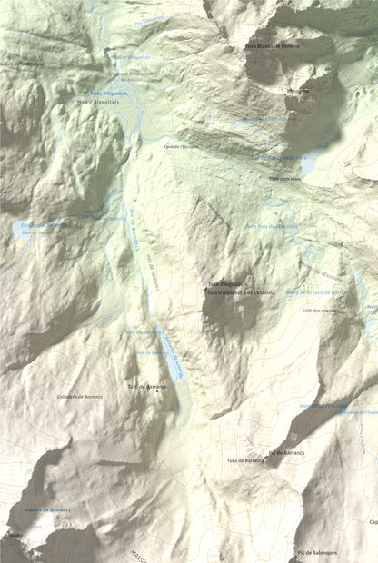 Mapa de relieve de Tuc de Molières, 3010 m, Val d'Aran, lámina 100 Cims de Trobart. Detalle de la zona superior izquierda. 61 × 91 cm.