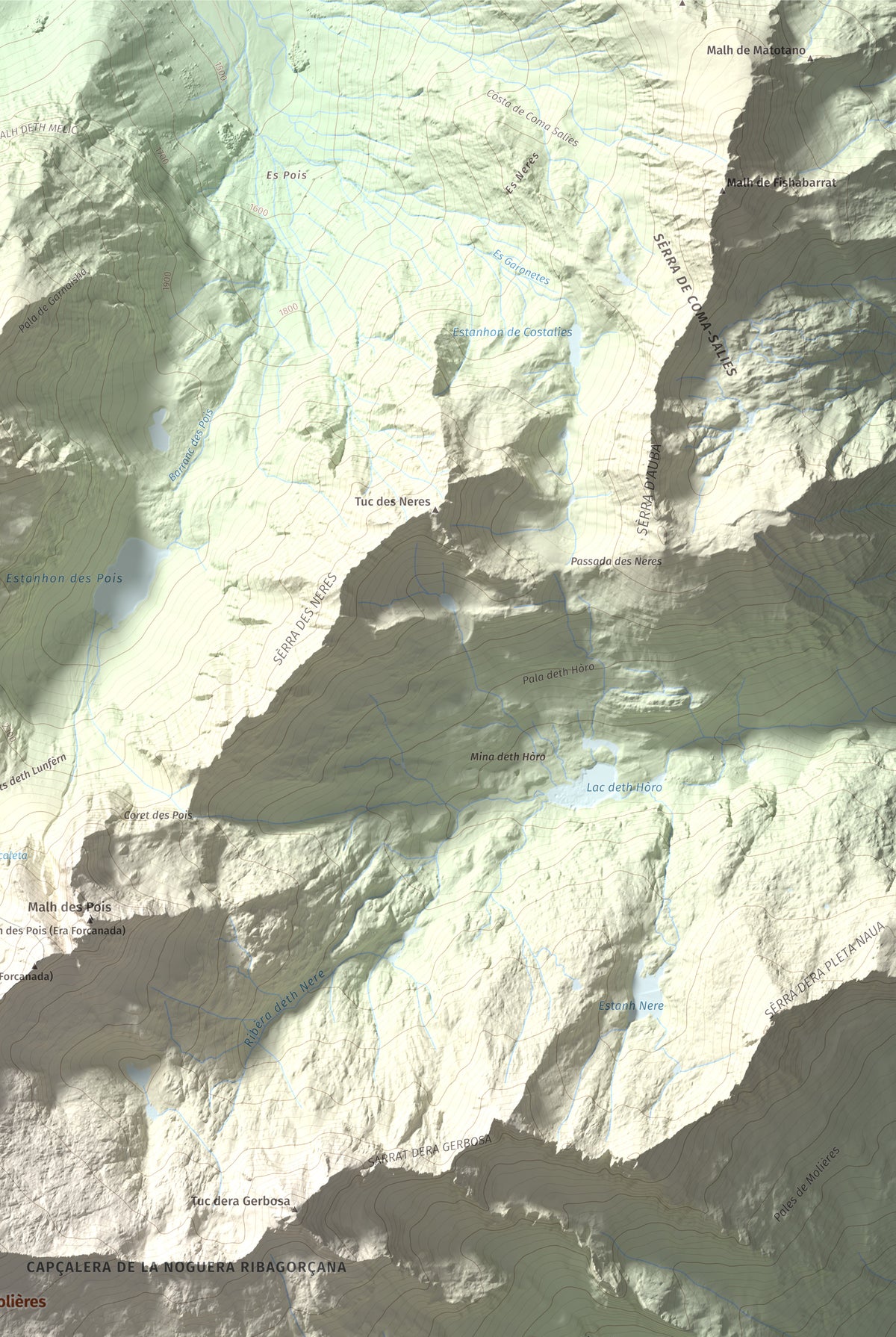 Mapa de relieve de Tuc de Molières, 3010 m, Val d'Aran, lámina 100 Cims de Trobart. Detalle de la zona superior derecha. 61 × 91 cm.