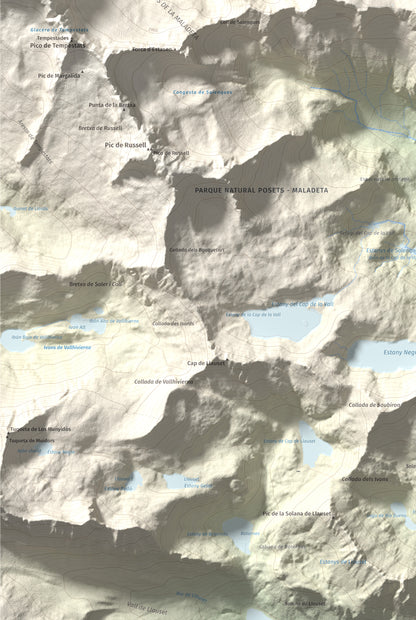 Mapa de relieve de Tuc de Molières, 3010 m, Val d'Aran, lámina 100 Cims de Trobart. Detalle de la zona inferior izquierda. 61 × 91 cm.