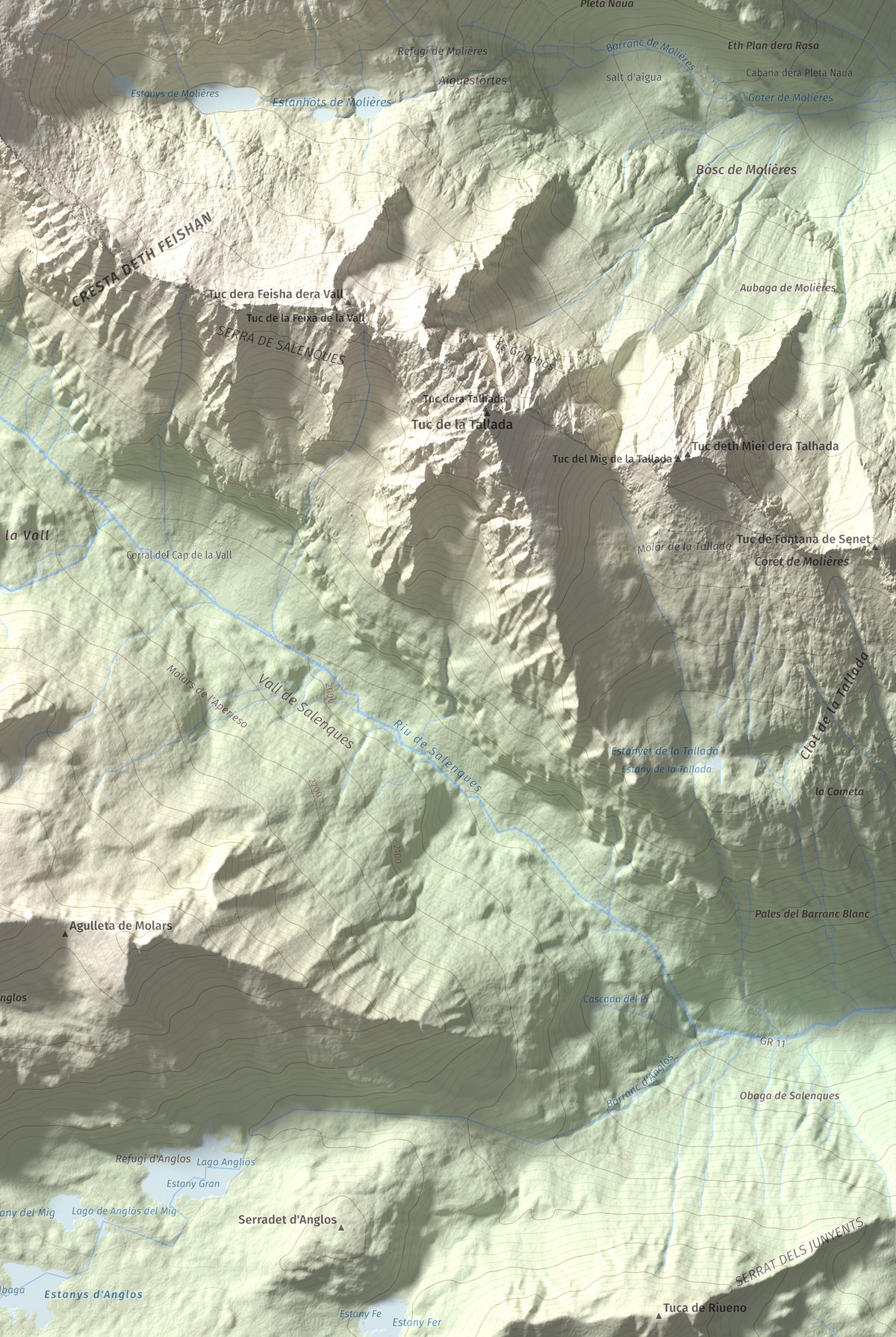 Mapa de relieve de Tuc de Molières, 3010 m, Val d'Aran, lámina 100 Cims de Trobart. Detalle de la zona inferior derecha. 61 × 91 cm.