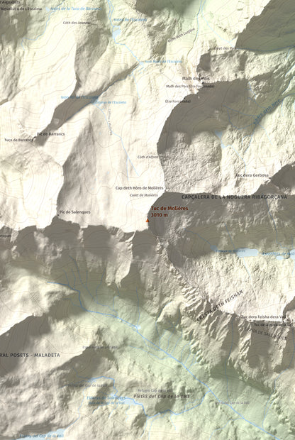 Mapa de relieve de Tuc de Molières, 3010 m, Val d'Aran, lámina 100 Cims de Trobart. Detalle de la zona central. 61 × 91 cm.