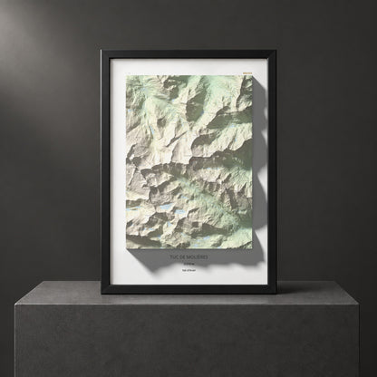 Mapa de relieve de Tuc de Molières, 3010 m, Val d'Aran, lámina 100 Cims de Trobart. Presentación enmarcada. 70 × 100 cm.