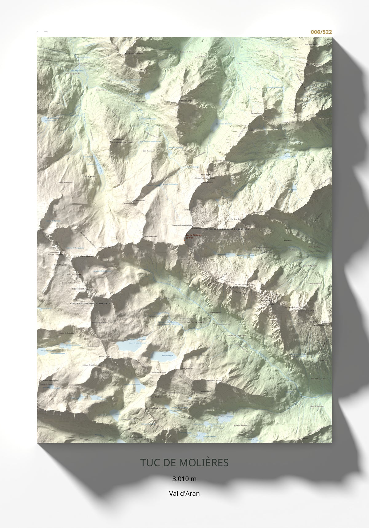 Mapa de relieve de Tuc de Molières, 3010 m, Val d'Aran, lámina 100 Cims de Trobart 70 × 100 cm.