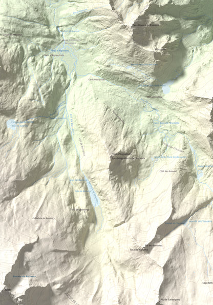 Mapa de relieve de Tuc de Molières, 3010 m, Val d'Aran, lámina 100 Cims de Trobart. Detalle de la zona superior izquierda. 70 × 100 cm.