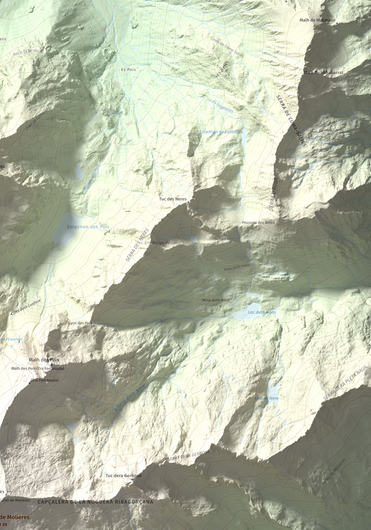 Mapa de relieve de Tuc de Molières, 3010 m, Val d'Aran, lámina 100 Cims de Trobart. Detalle de la zona superior derecha. 70 × 100 cm.