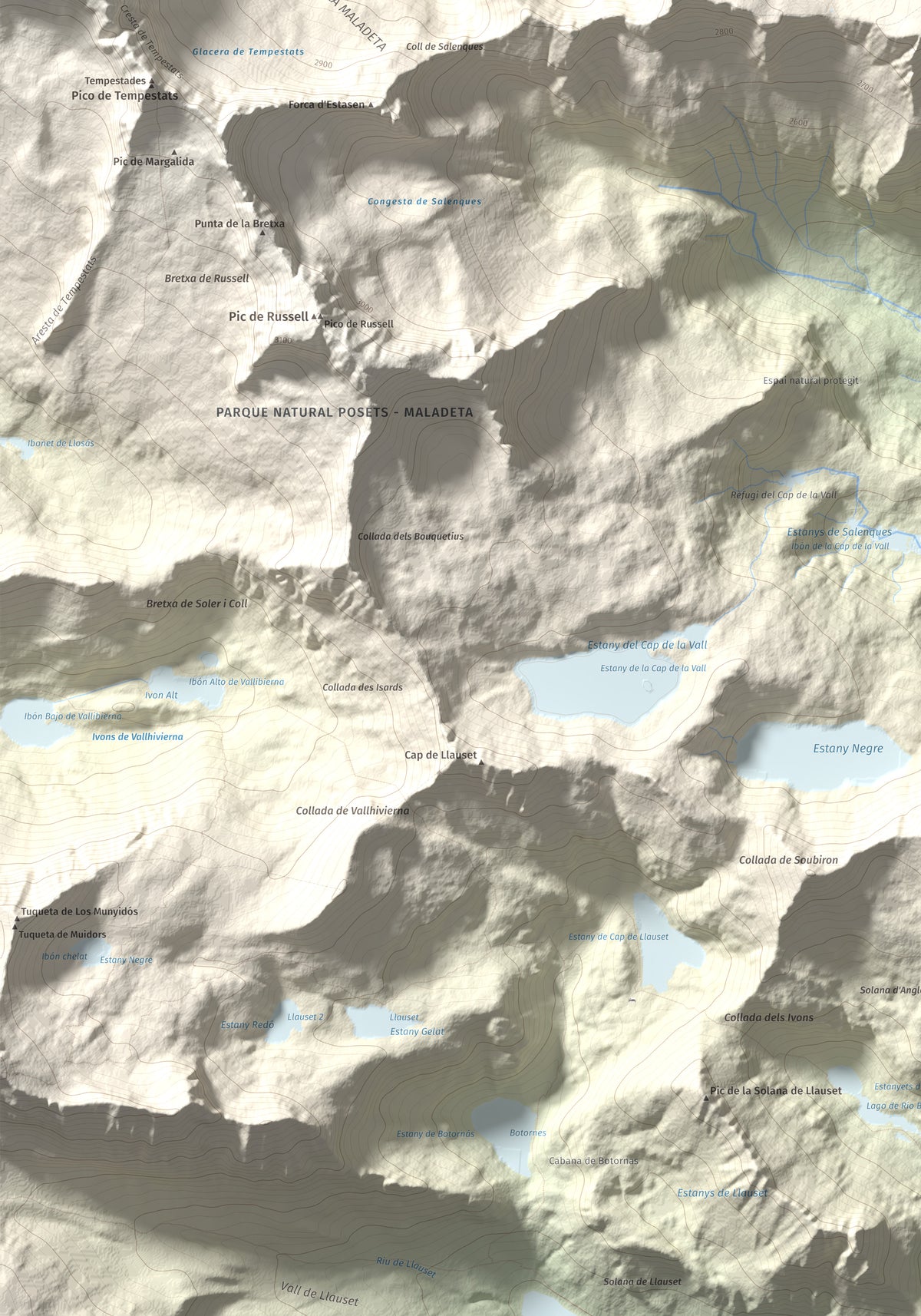 Mapa de relieve de Tuc de Molières, 3010 m, Val d'Aran, lámina 100 Cims de Trobart. Detalle de la zona inferior izquierda. 70 × 100 cm.