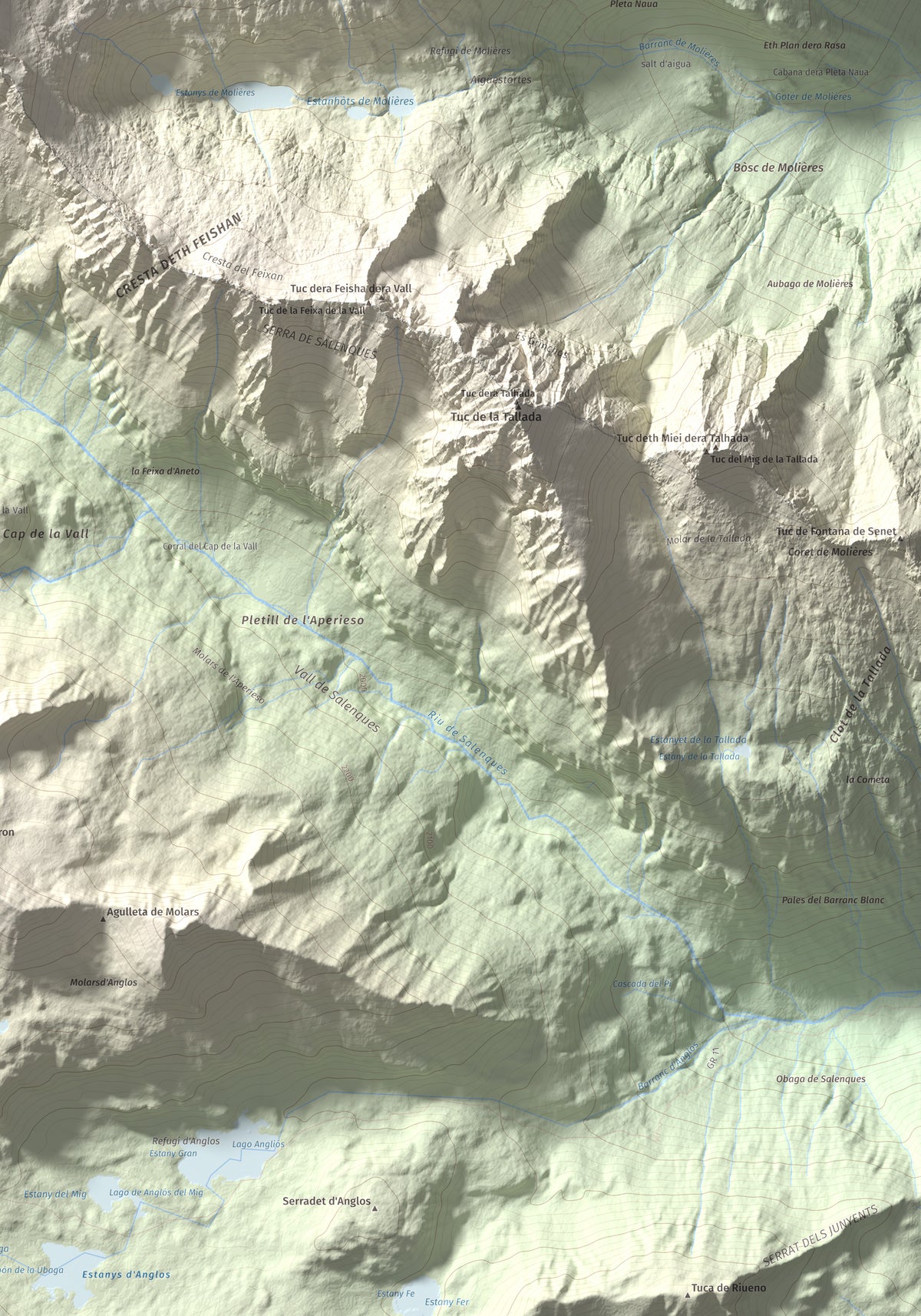 Mapa de relieve de Tuc de Molières, 3010 m, Val d'Aran, lámina 100 Cims de Trobart. Detalle de la zona inferior derecha. 70 × 100 cm.