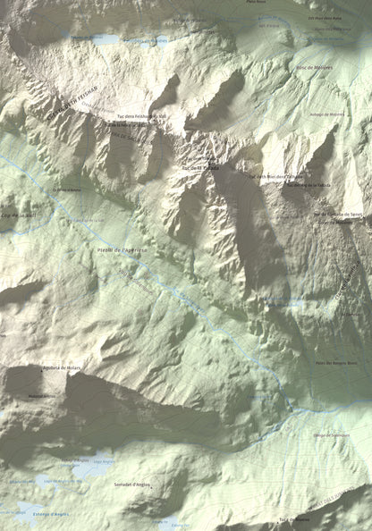 Mapa de relieve de Tuc de Molières, 3010 m, Val d'Aran, lámina 100 Cims de Trobart. Detalle de la zona inferior derecha. 70 × 100 cm.