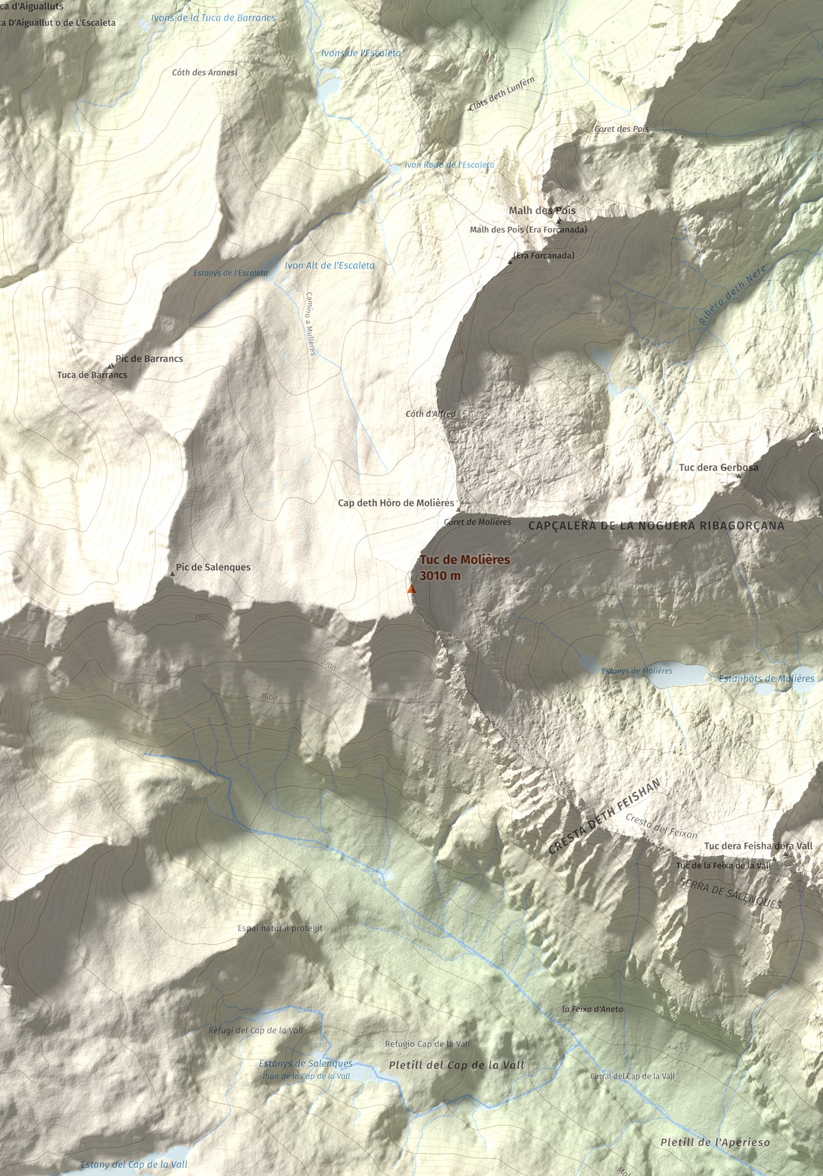 Mapa de relieve de Tuc de Molières, 3010 m, Val d'Aran, lámina 100 Cims de Trobart. Detalle de la zona central. 70 × 100 cm.