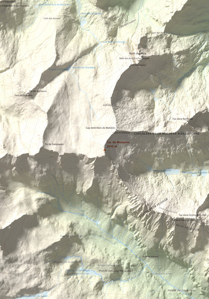 Mapa de relieve de Tuc de Molières, 3010 m, Val d'Aran, lámina 100 Cims de Trobart. Detalle de la zona central. 70 × 100 cm.