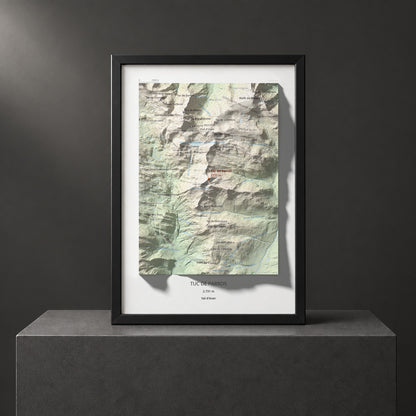 Mapa de relieve de Tuc de Parros, 2731 m, Val d'Aran, lámina 100 Cims de Trobart. Presentación enmarcada. 21 × 30 cm.