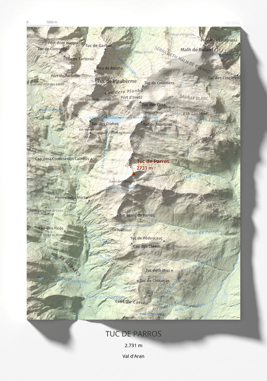 Mapa de relieve de Tuc de Parros, 2731 m, Val d'Aran, lámina 100 Cims de Trobart 21 × 30 cm.