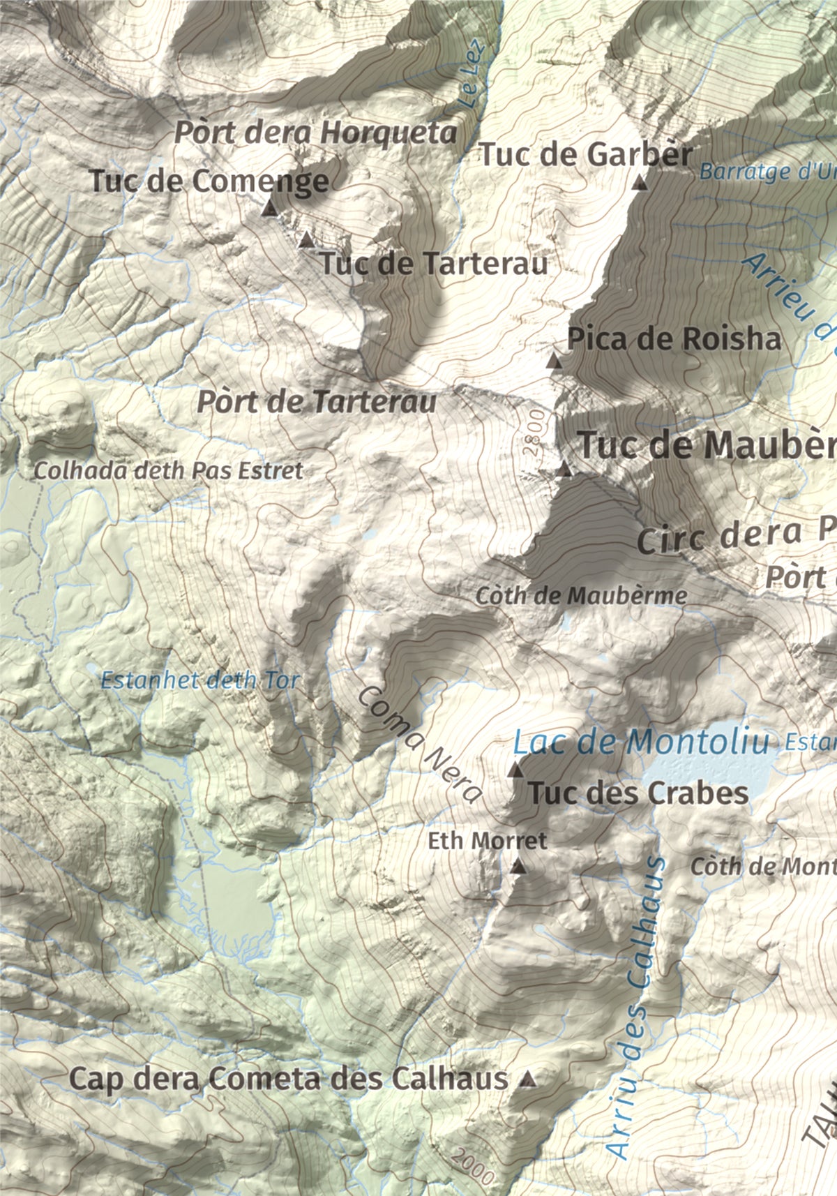 Mapa de relieve de Tuc de Parros, 2731 m, Val d'Aran, lámina 100 Cims de Trobart. Detalle de la zona superior izquierda. 21 × 30 cm.