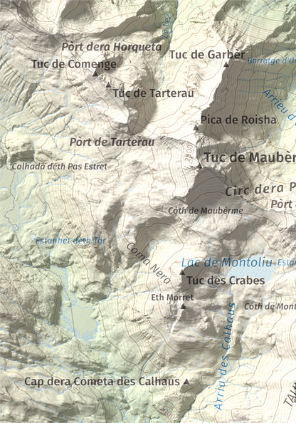 Mapa de relieve de Tuc de Parros, 2731 m, Val d'Aran, lámina 100 Cims de Trobart. Detalle de la zona superior izquierda. 21 × 30 cm.