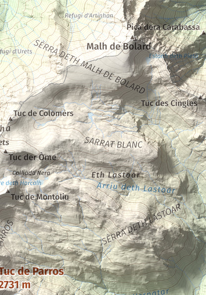 Mapa de relieve de Tuc de Parros, 2731 m, Val d'Aran, lámina 100 Cims de Trobart. Detalle de la zona superior derecha. 21 × 30 cm.