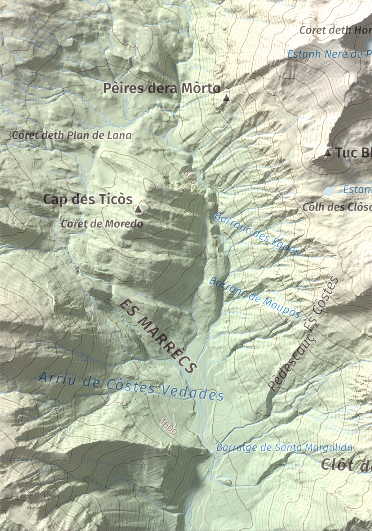 Mapa de relieve de Tuc de Parros, 2731 m, Val d'Aran, lámina 100 Cims de Trobart. Detalle de la zona inferior izquierda. 21 × 30 cm.