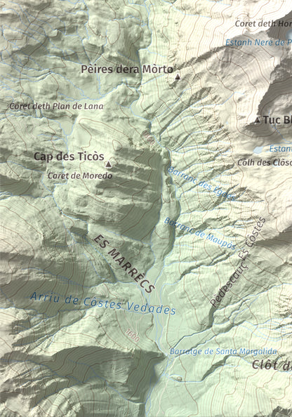 Mapa de relieve de Tuc de Parros, 2731 m, Val d'Aran, lámina 100 Cims de Trobart. Detalle de la zona inferior izquierda. 21 × 30 cm.