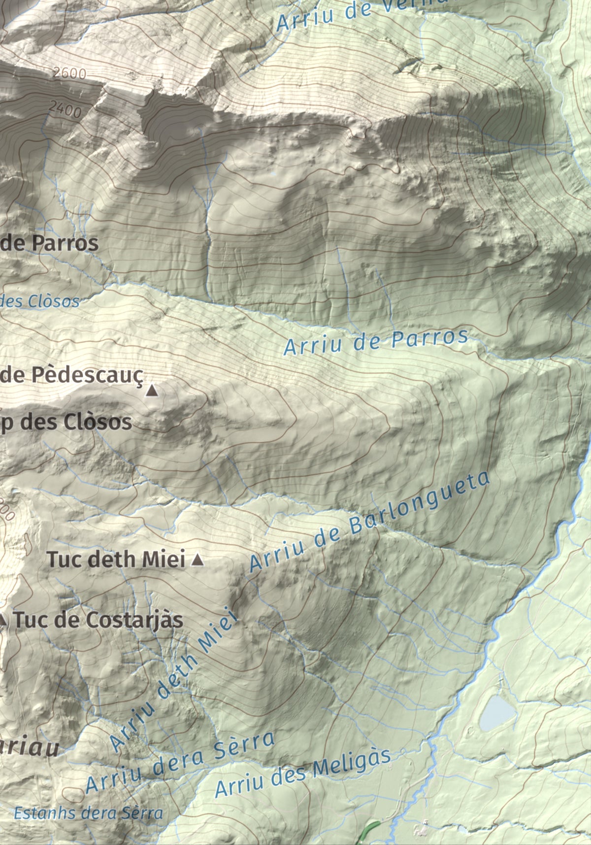 Mapa de relieve de Tuc de Parros, 2731 m, Val d'Aran, lámina 100 Cims de Trobart. Detalle de la zona inferior derecha. 21 × 30 cm.