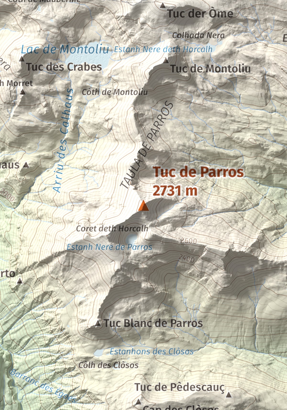 Mapa de relieve de Tuc de Parros, 2731 m, Val d'Aran, lámina 100 Cims de Trobart. Detalle de la zona central. 21 × 30 cm.