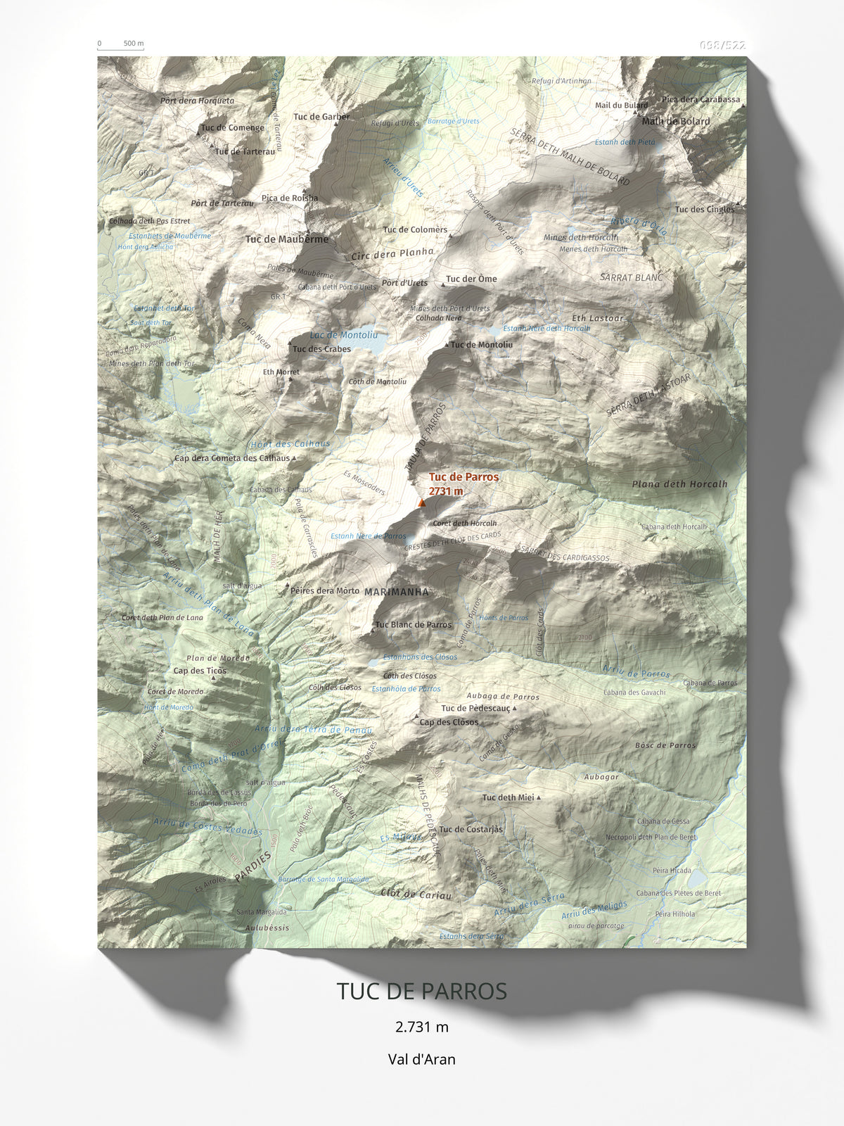 Mapa de relieve de Tuc de Parros, 2731 m, Val d'Aran, lámina 100 Cims de Trobart 30 × 40 cm.