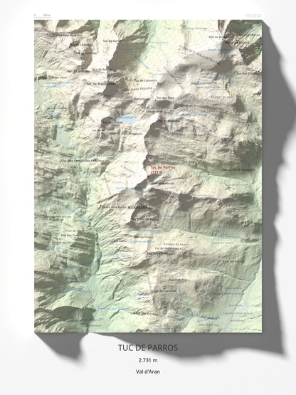 Mapa de relieve de Tuc de Parros, 2731 m, Val d'Aran, lámina 100 Cims de Trobart 30 × 40 cm.