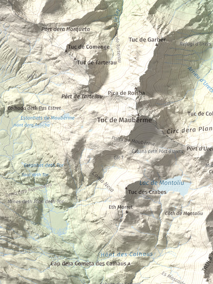 Mapa de relieve de Tuc de Parros, 2731 m, Val d'Aran, lámina 100 Cims de Trobart. Detalle de la zona superior izquierda. 30 × 40 cm.