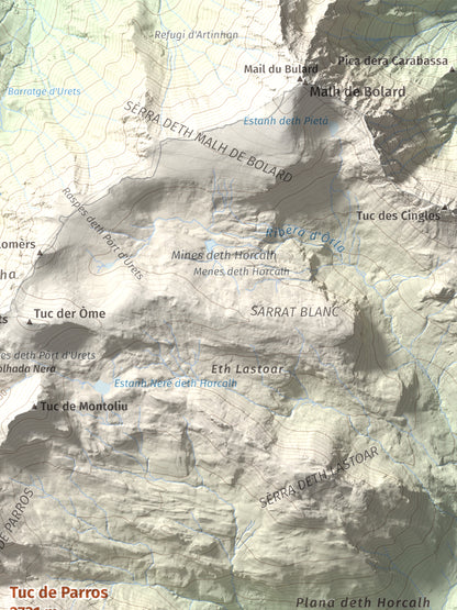 Mapa de relieve de Tuc de Parros, 2731 m, Val d'Aran, lámina 100 Cims de Trobart. Detalle de la zona superior derecha. 30 × 40 cm.