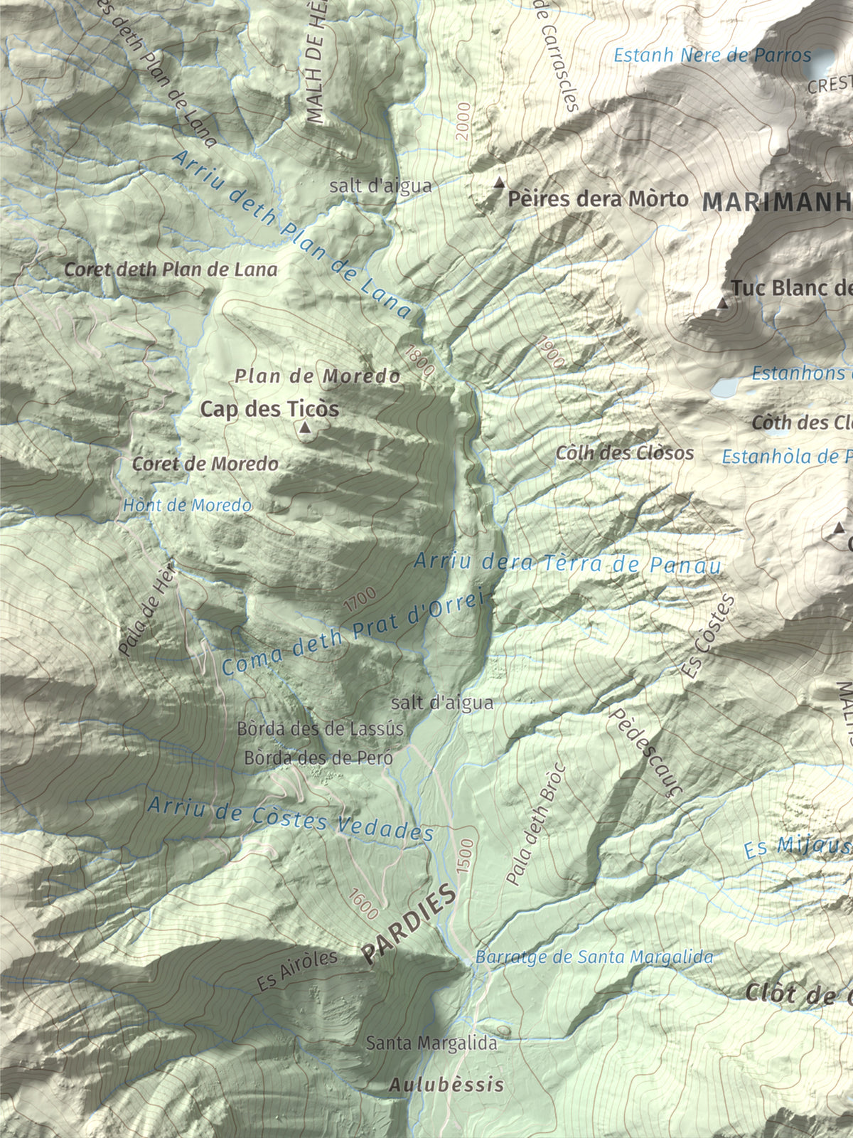 Mapa de relieve de Tuc de Parros, 2731 m, Val d'Aran, lámina 100 Cims de Trobart. Detalle de la zona inferior izquierda. 30 × 40 cm.
