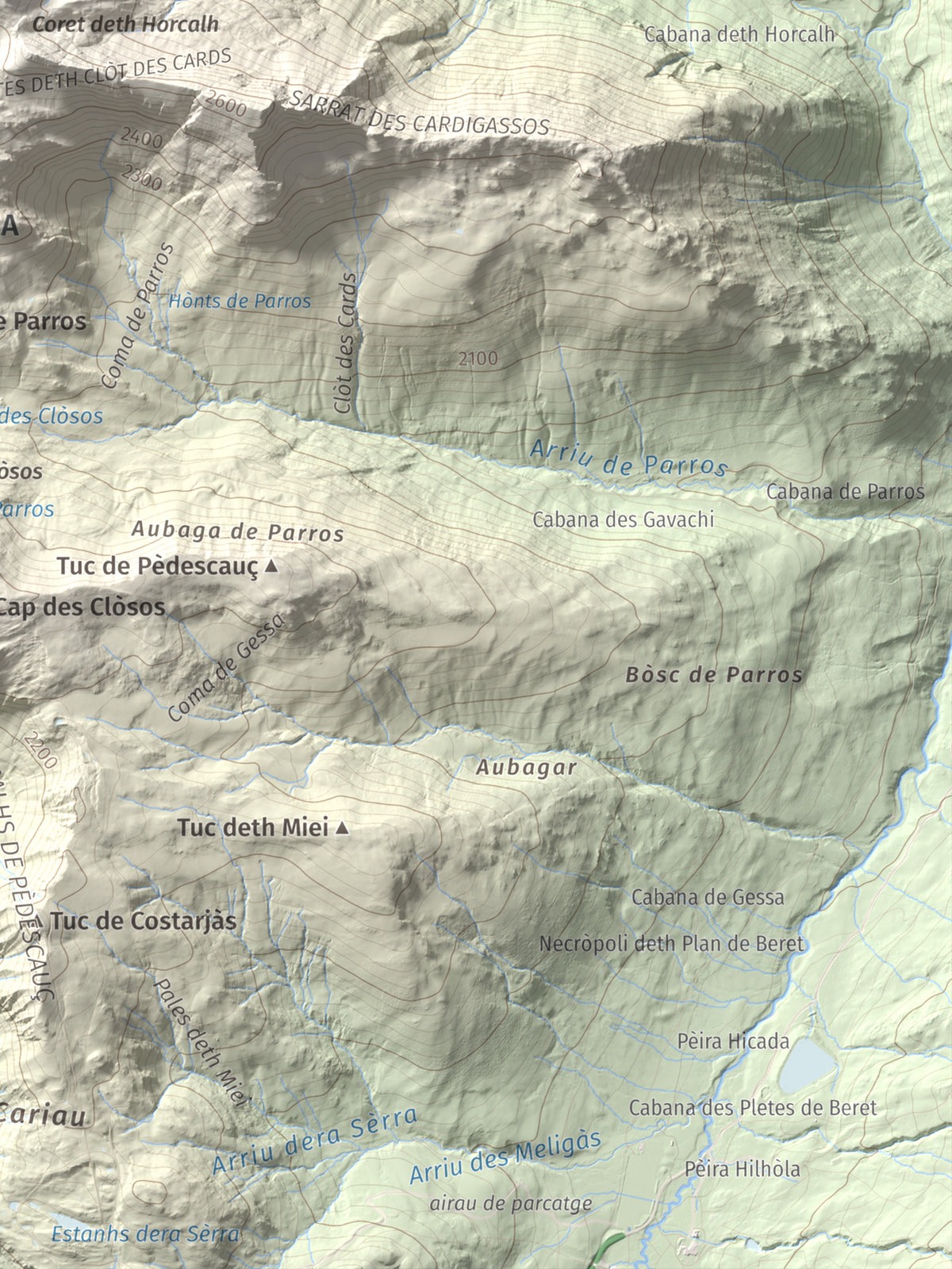 Mapa de relieve de Tuc de Parros, 2731 m, Val d'Aran, lámina 100 Cims de Trobart. Detalle de la zona inferior derecha. 30 × 40 cm.
