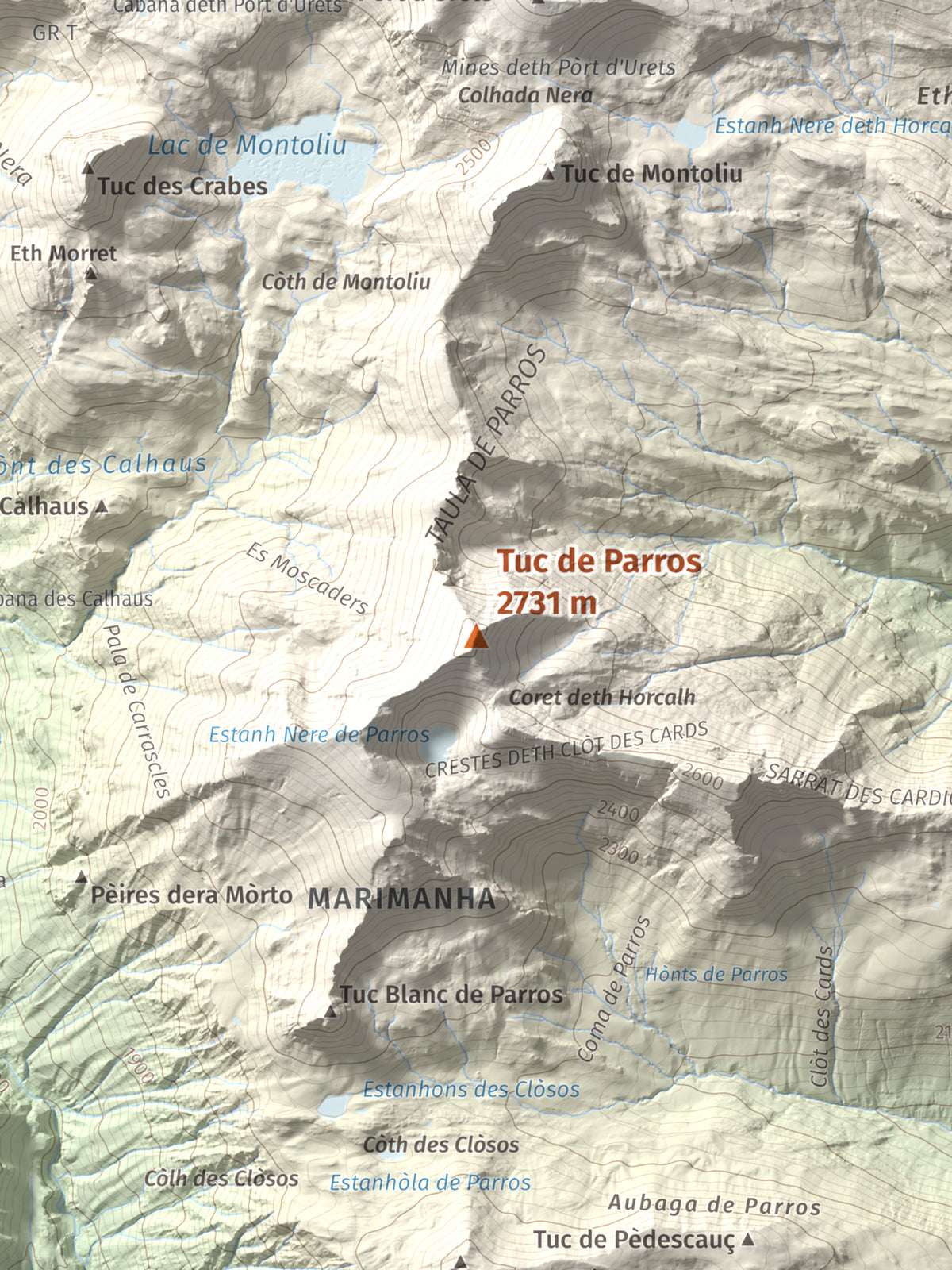 Mapa de relieve de Tuc de Parros, 2731 m, Val d'Aran, lámina 100 Cims de Trobart. Detalle de la zona central. 30 × 40 cm.