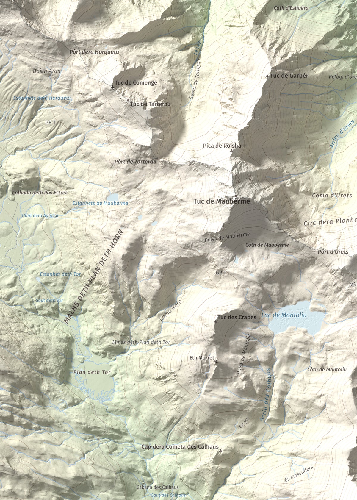 Mapa de relieve de Tuc de Parros, 2731 m, Val d'Aran, lámina 100 Cims de Trobart. Detalle de la zona superior izquierda. 50 × 70 cm.