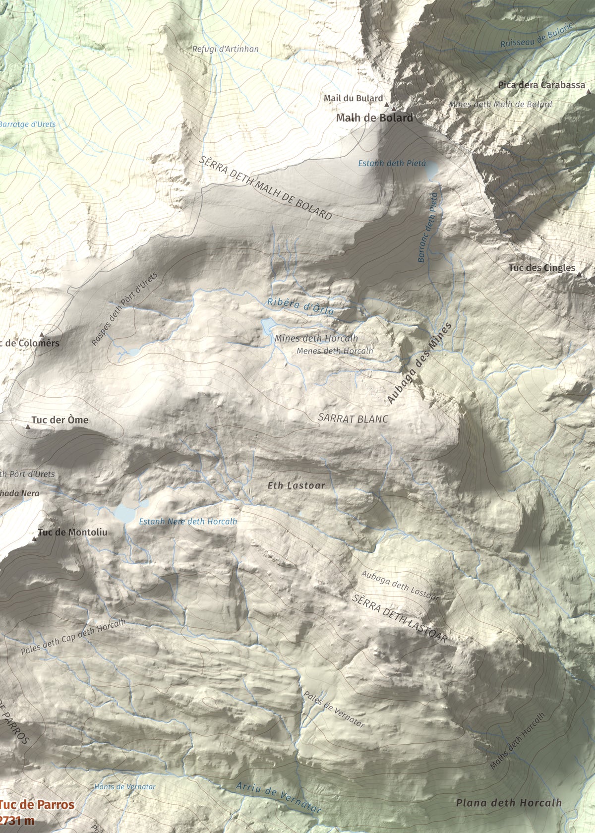Mapa de relieve de Tuc de Parros, 2731 m, Val d'Aran, lámina 100 Cims de Trobart. Detalle de la zona superior derecha. 50 × 70 cm.